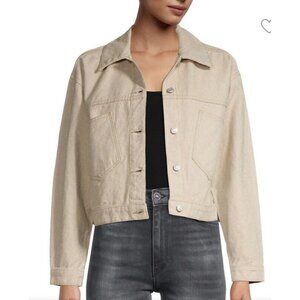 Oat New York Womens Denim Crop Backvent Jacket Khaki‎ Buttons Pockets Collared L